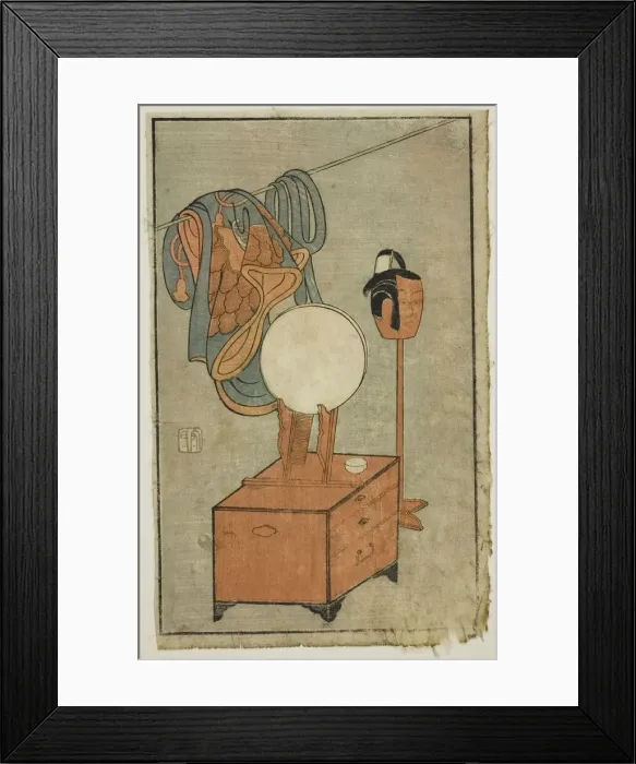 Framed Print : Actors dressing table, from A Picture Book of Stage Fans (Ehon butai ogi) Framed Print : Actors dressing table, from A Picture Book of Stage Fans (Ehon butai ogi)