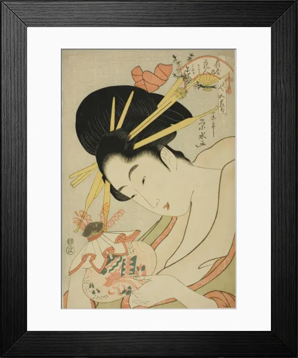 Framed Print : The Courtesan Hanahito of the Ogiya and attendants Sakura and Momiji... c. 1795 / 1800 Framed Print : The Courtesan Hanahito of the Ogiya and attendants Sakura and Momiji... c. 1795 / 1800