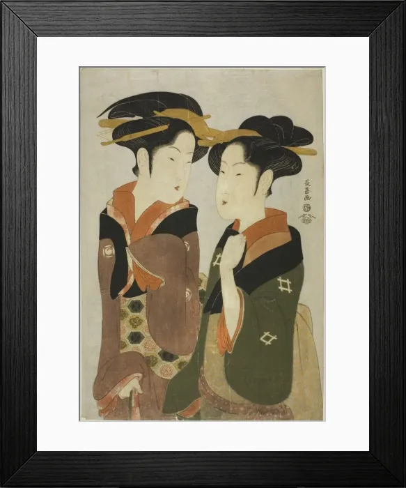 Framed Print : Kan, a waitress of the Izutsuya, and the geisha Fuseya of the Ogiya, c. 1794 Framed Print : Kan, a waitress of the Izutsuya, and the geisha Fuseya of the Ogiya, c. 1794