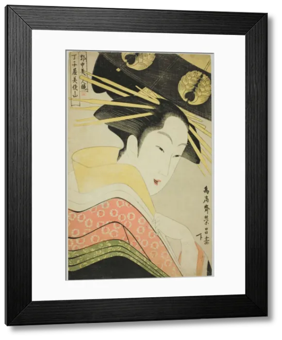 Framed Print : Misayama of the Chojiya, from the series Beauties of the Licensed Quarter, c1795