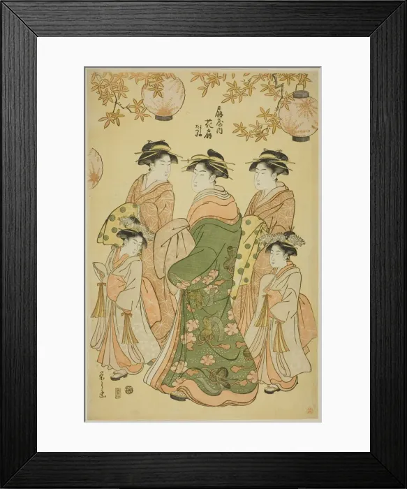 Framed Print : The Courtesan Hanaogi of the Ogiya, with Child Attendants Yoshino and Tatsuta, c. 1793. Creator: Hosoda Eishi Framed Print : The Courtesan Hanaogi of the Ogiya, with Child Attendants Yoshino and Tatsuta, c. 1793. Creator: Hosoda Eishi