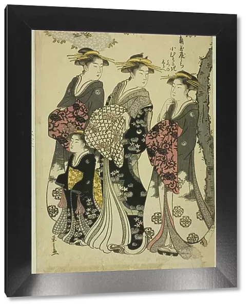 Komurasaki of the Kadotamaya with Attendants Hatsune and Shirabe, c. 1791. Creator: Hosoda Eishi