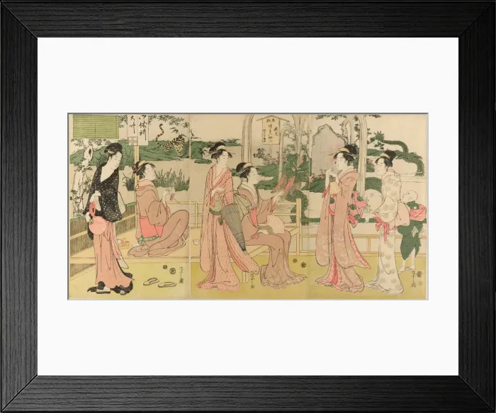 Framed Print : Women viewing dragon and tiger made of tobacco pouches, c. 1795. Creator: Hosoda Eishi Framed Print : Women viewing dragon and tiger made of tobacco pouches, c. 1795. Creator: Hosoda Eishi