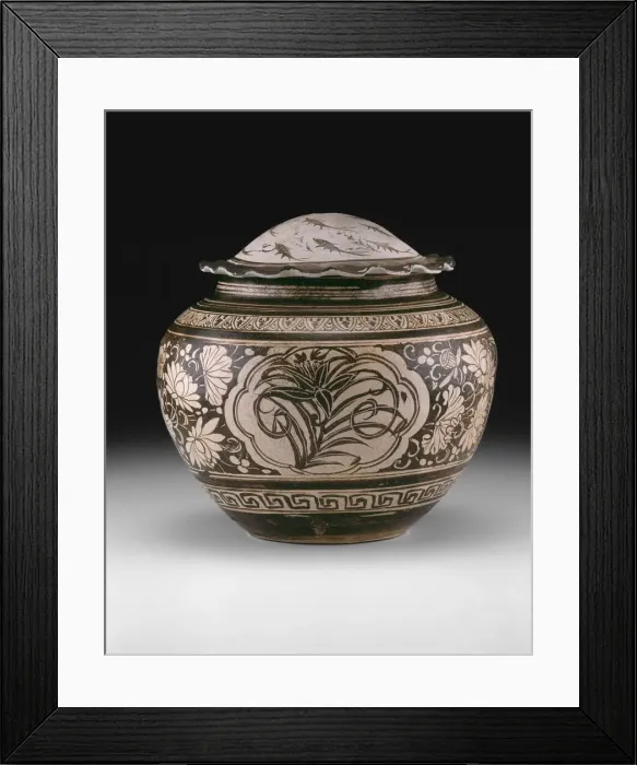 Framed Print : Jar with Sprays of Peony, Lily, and Plum and Lid with Framed Print : Jar with Sprays of Peony, Lily, and Plum and Lid with