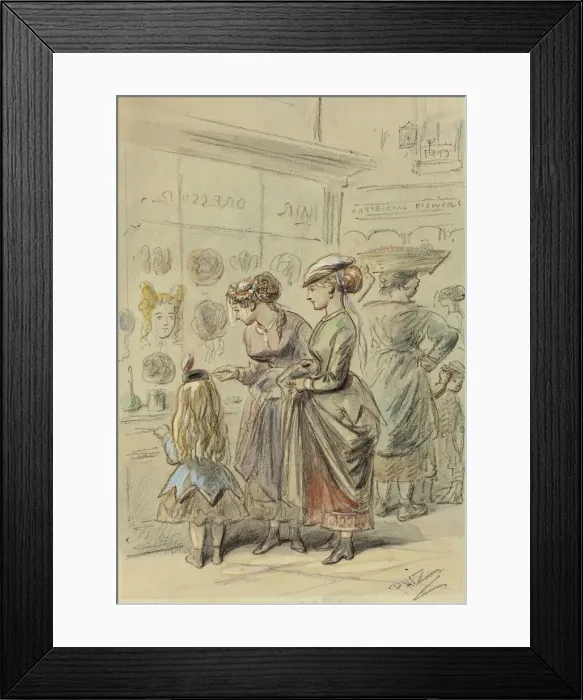 Framed Print : Two Ladies and Little Girl Before Hairdressers Shop, n. d. Creator: Hablot Knight Browne Framed Print : Two Ladies and Little Girl Before Hairdressers Shop, n. d. Creator: Hablot Knight Browne