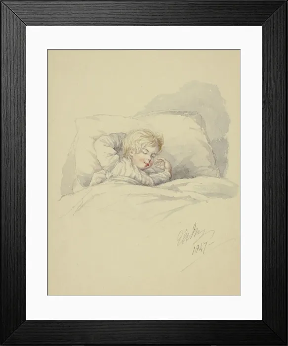 Framed Print : Child Asleep (recto), and Fishermen on Dock (verso), 1847. Creator: Elizabeth Murray Framed Print : Child Asleep (recto), and Fishermen on Dock (verso), 1847. Creator: Elizabeth Murray