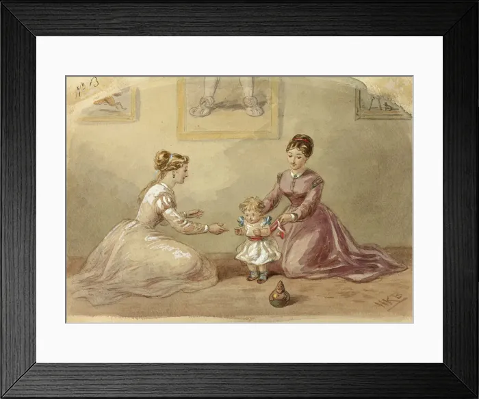Framed Print : Ladies Coaxing Baby to Walk, n. d. Creator: Hablot Knight Browne Framed Print : Ladies Coaxing Baby to Walk, n. d. Creator: Hablot Knight Browne