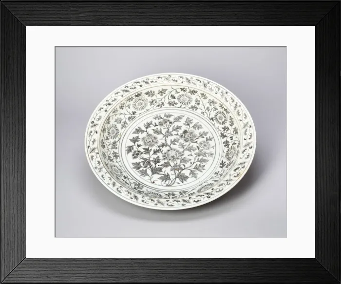 Framed Print : Shallow Dish with Peony Scrolls, Chrysanthemum Spray, and Key-Fret Framed Print : Shallow Dish with Peony Scrolls, Chrysanthemum Spray, and Key-Fret