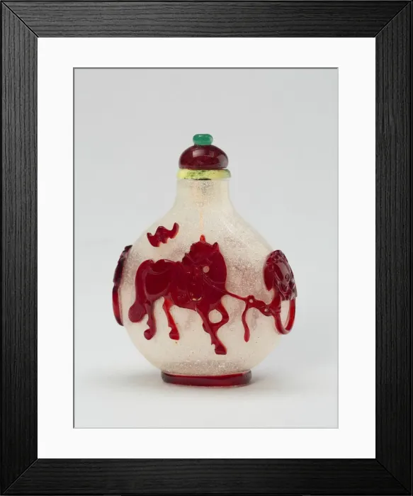 Framed Print : Snuff Bottle with Saddled and Bridled Horses Tethered to Mock Ring Handles, Qing dynasty Framed Print : Snuff Bottle with Saddled and Bridled Horses Tethered to Mock Ring Handles, Qing dynasty