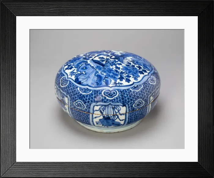 Framed Print : Circular Box with Peacocks, Peonies, and Auspicious Motifs, Ming dynasty Framed Print : Circular Box with Peacocks, Peonies, and Auspicious Motifs, Ming dynasty