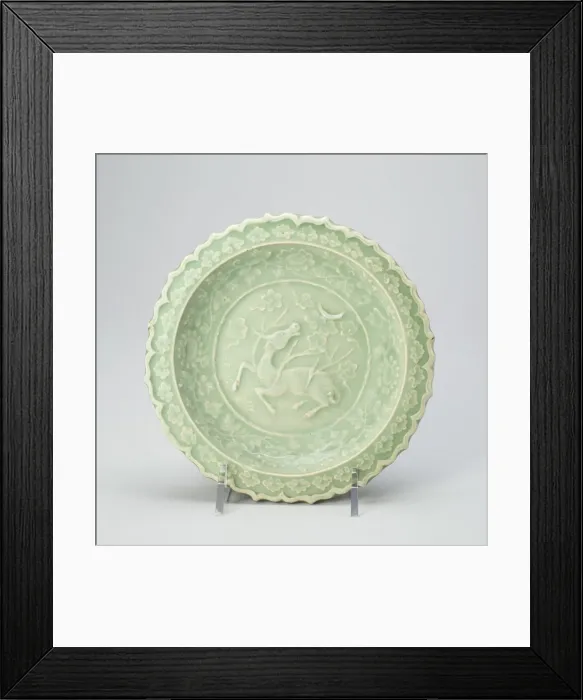 Framed Print : Foliate Dish with Bovine (Xiniu) Gazing at a Crescent Moon, Yuan dynasty (1279-1368), late 13th cent Creator: Unknown