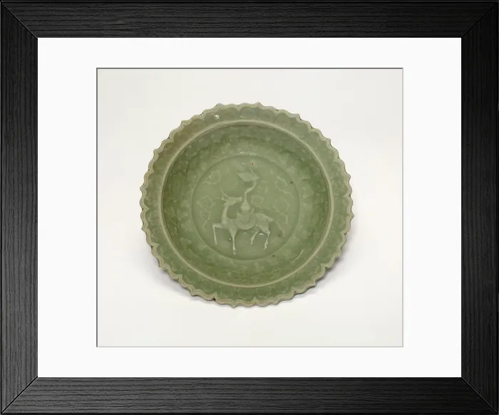 Framed Print : Foliate Dish with Crane and Deer Amid Clouds, Yuan dynasty (1279-1368), late 13th century. Creator: Unknown Framed Print : Foliate Dish with Crane and Deer Amid Clouds, Yuan dynasty (1279-1368), late 13th century. Creator: Unknown