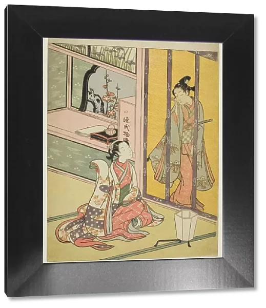Young Man and Woman Talking through a Bamboo Blind, c. 1768. Creator: Suzuki Harunobu
