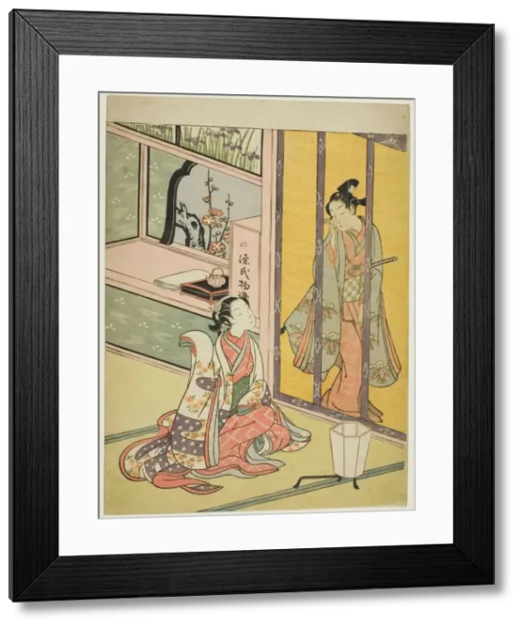 Framed Print : Young Man and Woman Talking through a Bamboo Blind, c. 1768. Creator: Suzuki Harunobu