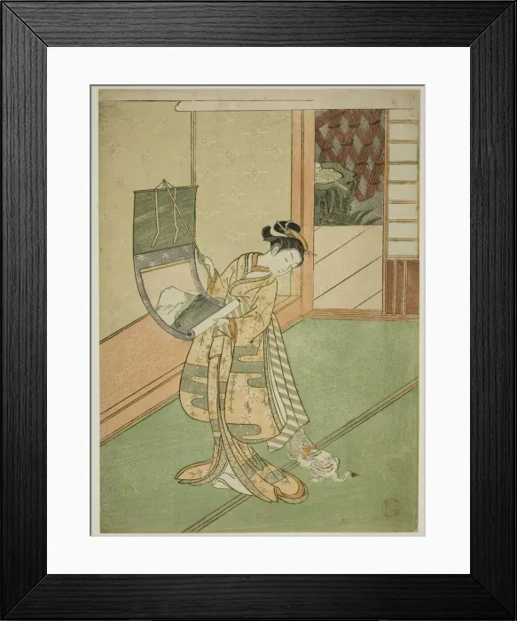 Framed Print : Hanging a Painting (parody of the Third Princess), c. 1767. Creator: Suzuki Harunobu Framed Print : Hanging a Painting (parody of the Third Princess), c. 1767. Creator: Suzuki Harunobu