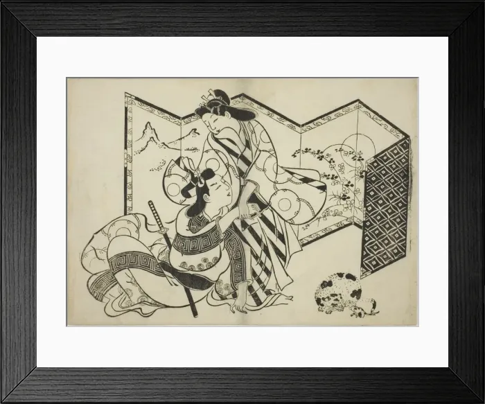 Framed Print : Lovers, a Cat, and a Mouse in front of a Folding Screen, c. 1684 / 98 Framed Print : Lovers, a Cat, and a Mouse in front of a Folding Screen, c. 1684 / 98
