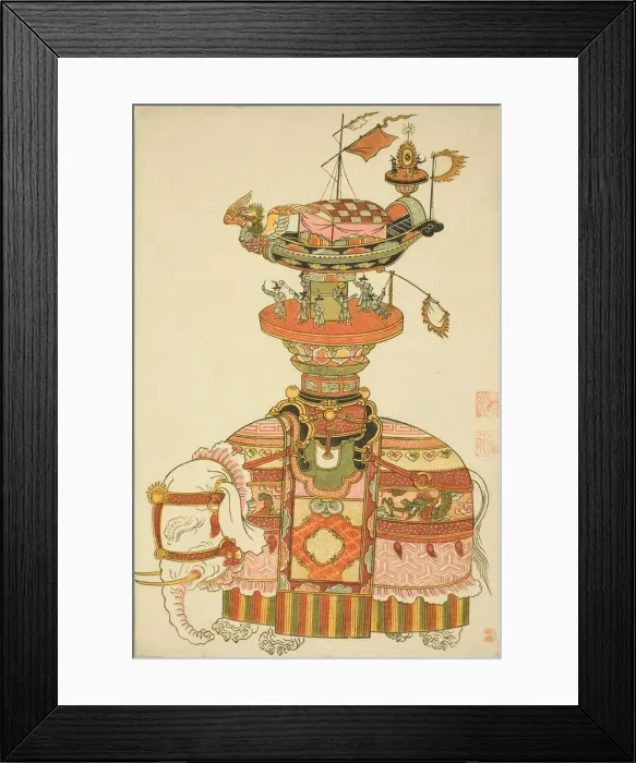 Framed Print : Mechanical Elephant with Festival Barge and Korean Musicians, c. 1765 Framed Print : Mechanical Elephant with Festival Barge and Korean Musicians, c. 1765