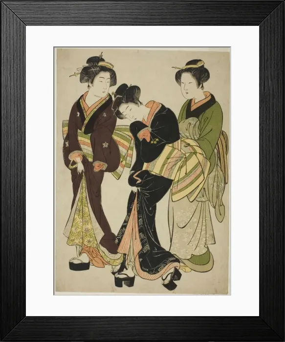 Framed Print : Two Entertainers and a Maid, c. 1777. Creator: Kitao Shigemasa Framed Print : Two Entertainers and a Maid, c. 1777. Creator: Kitao Shigemasa