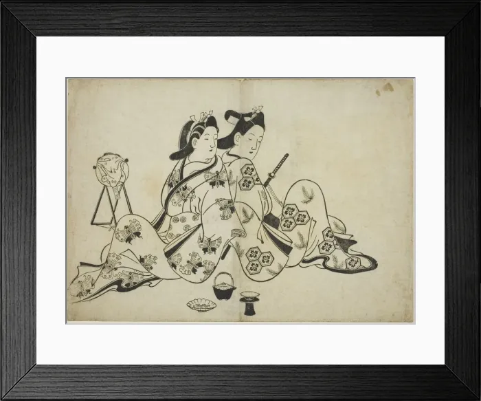 Framed Print : Back to back, from a series of 12 prints, c. 1700. Creator: Furuyama Moroshige Framed Print : Back to back, from a series of 12 prints, c. 1700. Creator: Furuyama Moroshige