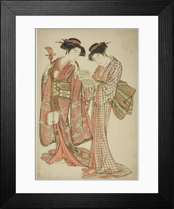 Framed Print : Two Geisha Holding a Shamisen and a Song Book, c. 1777. Creator: Kitao Shigemasa Framed Print : Two Geisha Holding a Shamisen and a Song Book, c. 1777. Creator: Kitao Shigemasa