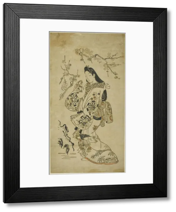 Framed Print : A Young Woman Walking near a Plum Tree, c. 1688. Creator: Unknown Framed Print : A Young Woman Walking near a Plum Tree, c. 1688. Creator: Unknown