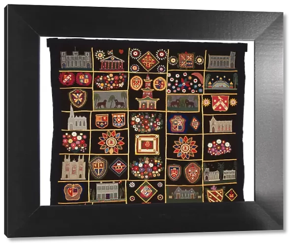 Quilt with Buildings, Animals, and Coats of Arms, New York, c. 1890. Creator: Unknown