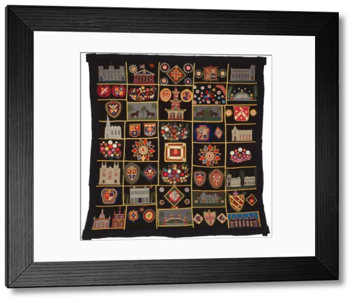 Framed Print : Quilt with Buildings, Animals, and Coats of Arms, New York, c. 1890. Creator: Unknown Framed Print : Quilt with Buildings, Animals, and Coats of Arms, New York, c. 1890. Creator: Unknown