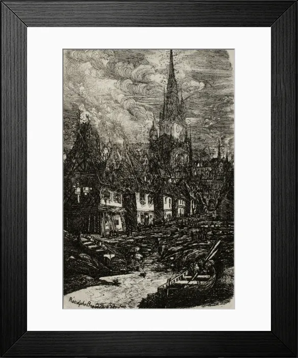 Framed Print : Fishing Port with Pointed Belltower, 1865. Creator: Rodolphe Bresdin