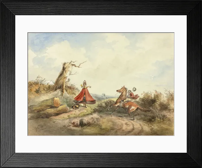 Framed Print : Horse with Rider Shying Away From Woman with Dog, c. 1860. Creator: Hablot Knight Browne Framed Print : Horse with Rider Shying Away From Woman with Dog, c. 1860. Creator: Hablot Knight Browne