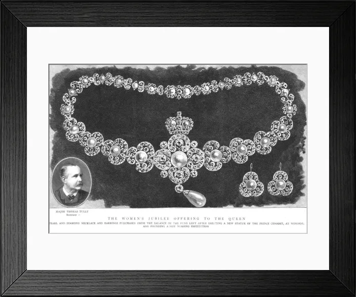 Framed Print : The Womens Jubilee offering to the Queen, Pearl and Diamond Necklace and Earrings, 1888. Creator: Unknown Framed Print : The Womens Jubilee offering to the Queen, Pearl and Diamond Necklace and Earrings, 1888. Creator: Unknown