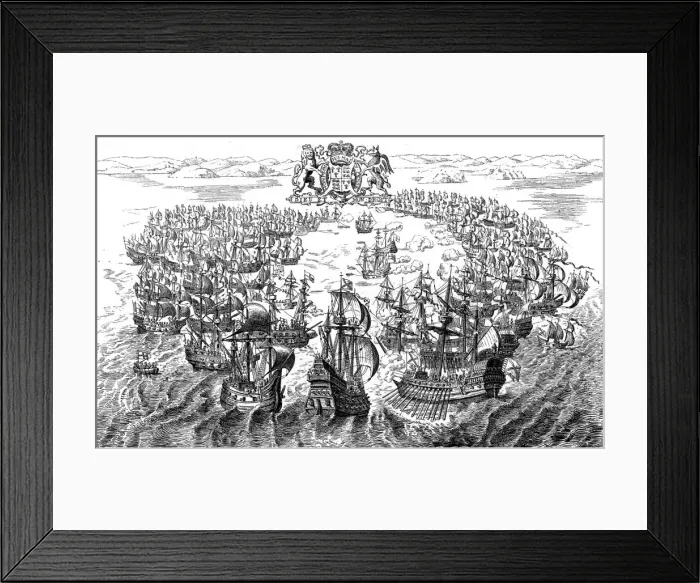 Framed Print : Engagement between the English and Spanish Fleets off the Isle of Wight, 1588, after a Tapestry in Creator: Unknown Framed Print : Engagement between the English and Spanish Fleets off the Isle of Wight, 1588, after a Tapestry in Creator: Unknown
