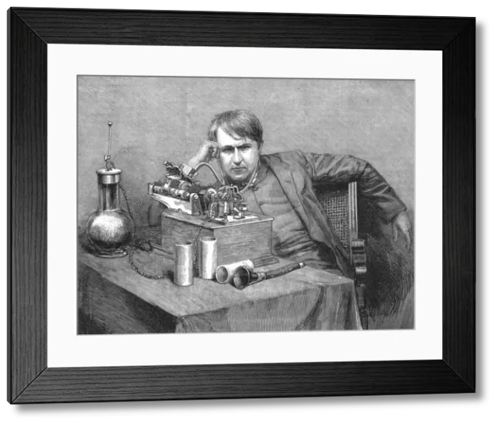Framed Print : Mr. Edisons new Phonograph-Mr. Edison in his Laboratory receiving the first Phonograph from Englan Creator: Unknown Framed Print : Mr. Edisons new Phonograph-Mr. Edison in his Laboratory receiving the first Phonograph from Englan Creator: Unknown