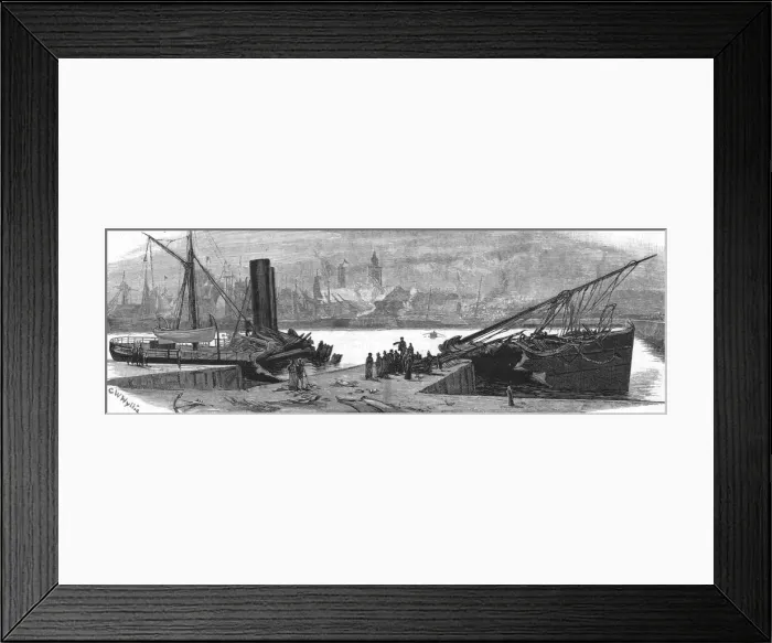 Framed Print : The Blowing-up of a Petroleum ship at Calais, 1888. Creator: Charles William Wyllie Framed Print : The Blowing-up of a Petroleum ship at Calais, 1888. Creator: Charles William Wyllie