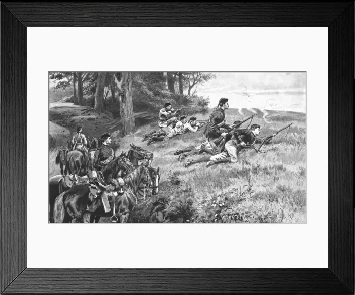 Framed Print : Men of the new regiment of Mounted Infantry at drill at Aldershot, 1888. Creator: Unknown Framed Print : Men of the new regiment of Mounted Infantry at drill at Aldershot, 1888. Creator: Unknown