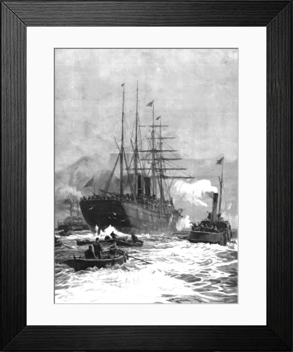 Framed Print : Off to the Antipodes--A P and O'Steamer going down the Thames, 1888. Creator: Unknown Framed Print : Off to the Antipodes--A P and O'Steamer going down the Thames, 1888. Creator: Unknown