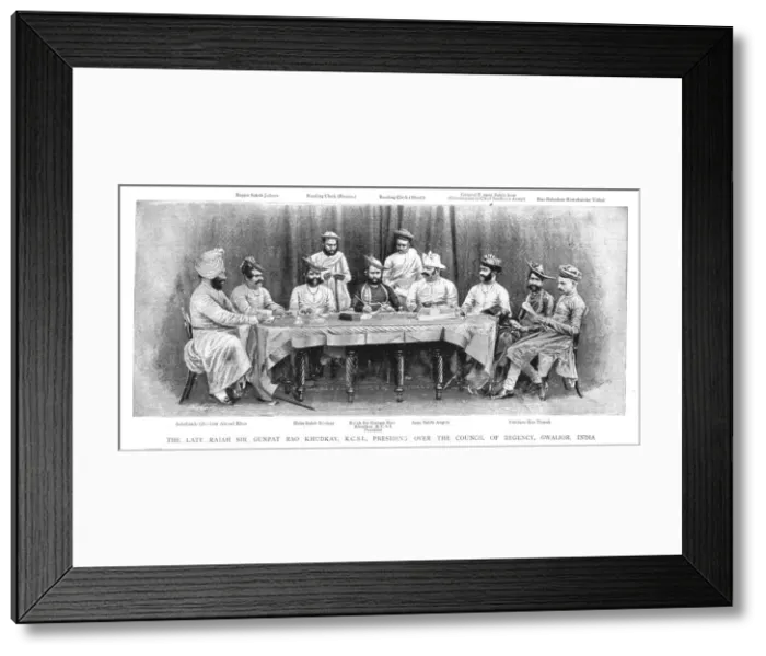Framed Print : The Late Rajah Sir Gunpat Rao Khudkay K. C. S. I. Presiding over the Council of Regency, Gwalior, In Creator: Unknown Framed Print : The Late Rajah Sir Gunpat Rao Khudkay K. C. S. I. Presiding over the Council of Regency, Gwalior, In Creator: Unknown