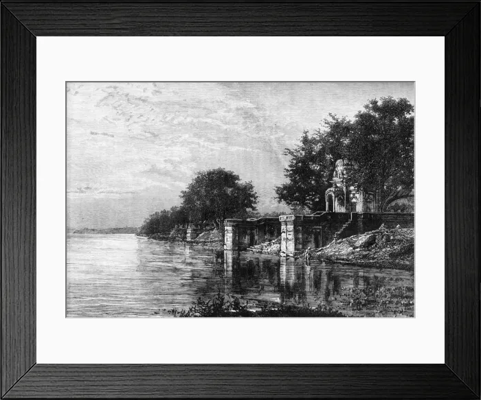 Framed Print : View of the Suttee Chaora-Ghat, of Broad Staircase of Funerals, on the Ganges at Cawnpore, c1891. Creator: James Grant