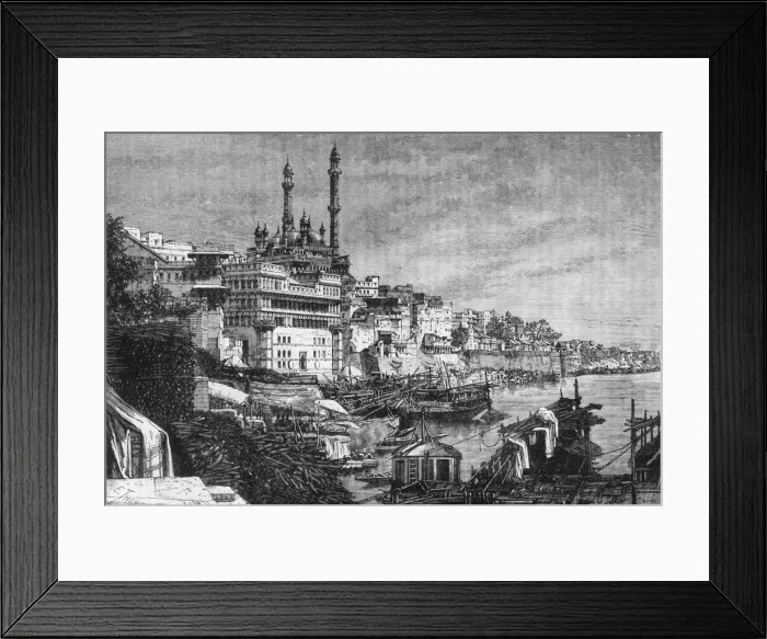 Framed Print : View of the Mosque of Aurungzebe and Madhoray Ghat (Quay) Benares, c1891. Creator: James Grant Framed Print : View of the Mosque of Aurungzebe and Madhoray Ghat (Quay) Benares, c1891. Creator: James Grant
