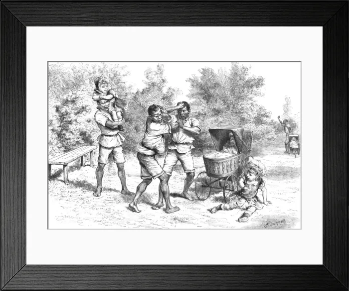 Framed Print : The Servant Difficulty'in South Africa;Nurseboys quarrelling at Durban, Natal, 1888. Creator: Unknown Framed Print : The Servant Difficulty'in South Africa;Nurseboys quarrelling at Durban, Natal, 1888. Creator: Unknown