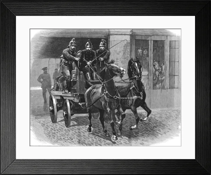 Framed Print : The Metropolitan Fire Brigade; Twenty five seconds after the Ringing of the Bell, 1888. Creator: Unknown Framed Print : The Metropolitan Fire Brigade; Twenty five seconds after the Ringing of the Bell, 1888. Creator: Unknown
