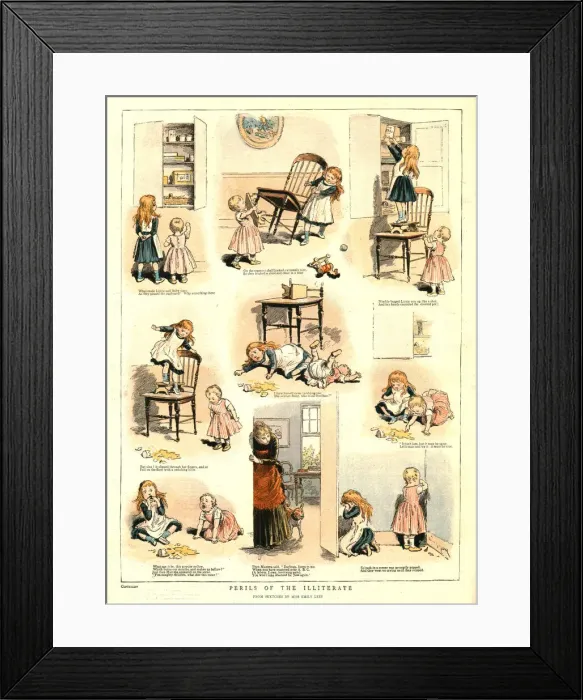 Framed Print : Perils of the Illiterate; After Sketches by Miss Emily Lees, 1888. Creator: Unknown Framed Print : Perils of the Illiterate; After Sketches by Miss Emily Lees, 1888. Creator: Unknown