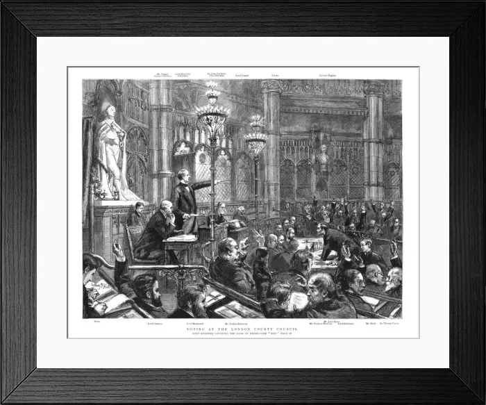 Framed Print : Voting at the London County Council; Lord Roseberry counting the show of hands... 1890. Creator: Unknown Framed Print : Voting at the London County Council; Lord Roseberry counting the show of hands... 1890. Creator: Unknown