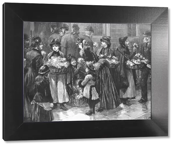 'For The Patients';Flower-Girls outside the University Hospital on a visiting day, 1890. Creator: Charles Joseph Staniland