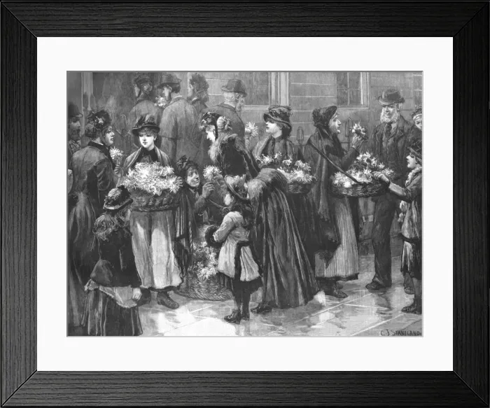 Framed Print : For The Patients';Flower-Girls outside the University Hospital on a visiting day, 1890. Creator: Charles Joseph Staniland Framed Print : For The Patients';Flower-Girls outside the University Hospital on a visiting day, 1890. Creator: Charles Joseph Staniland