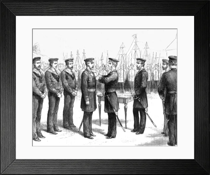 Framed Print : Presentation of the Albert Medal to Mr. John Barber, by Admiral Sir William Dowell... 1890. Creator: Unknown Framed Print : Presentation of the Albert Medal to Mr. John Barber, by Admiral Sir William Dowell... 1890. Creator: Unknown