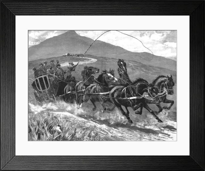Framed Print : The Transvaal Goldfields and how to reach them--by Coach, Eight in Hand, 1890. Creator: Unknown Framed Print : The Transvaal Goldfields and how to reach them--by Coach, Eight in Hand, 1890. Creator: Unknown