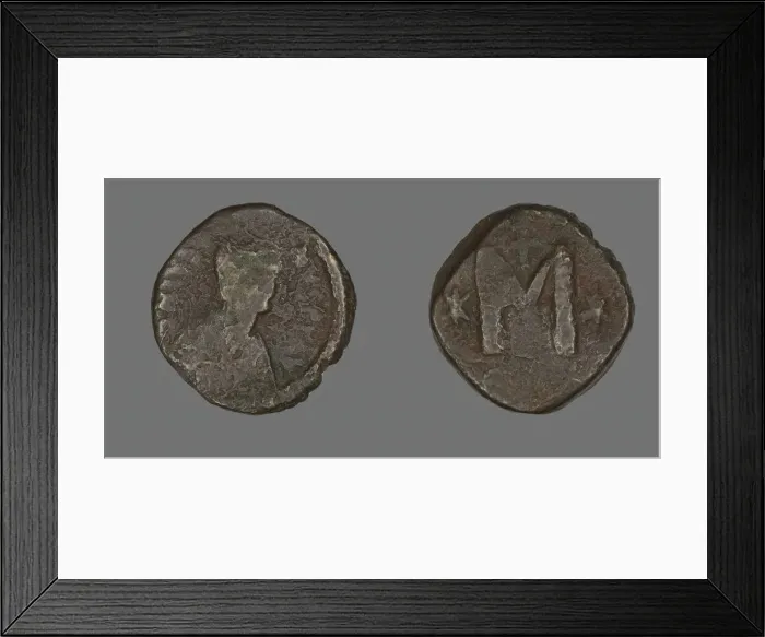 Framed Print : Follis (Coin) Portraying the Emperor Justin I or Justinian I, 6th century. Creator: Unknown Framed Print : Follis (Coin) Portraying the Emperor Justin I or Justinian I, 6th century. Creator: Unknown