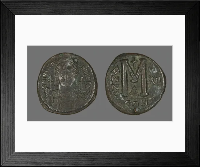 Framed Print : Follis (Coin) Portraying the Emperor Justinian I, 538-539. Creator: Unknown