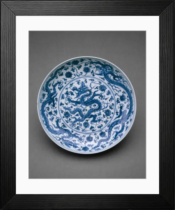 Framed Print : Dish with Dragons Writhing amid Floral Scrolls, Ming dynasty (1368-1644), Zhengde reign (1506-1521). Creator: Unknown Framed Print : Dish with Dragons Writhing amid Floral Scrolls, Ming dynasty (1368-1644), Zhengde reign (1506-1521). Creator: Unknown