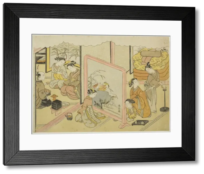 Framed Print : A Cup of Sake before Bed (Toko sakazuki), the sixth sheet of the series Marriage in... c. 1769. Creator: Suzuki Harunobu Framed Print : A Cup of Sake before Bed (Toko sakazuki), the sixth sheet of the series Marriage in... c. 1769. Creator: Suzuki Harunobu
